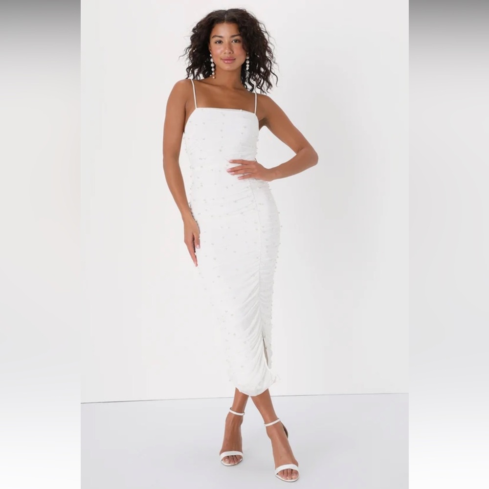 Lulu’s Toast to Romance White Ruched Pearl Bodycon Midi Dress